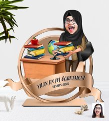 Kişiye Özel Yılın En İyi Kadın Öğretmeni Karikatürlü 3D Ahşap Biblo Plaket-4
