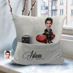 BK Gift Kişiye Özel Boss Baba Karikatür Tasarımlı Organizer Kumanda ve Atıştırmalık Cepli Gri Kırlent Yastık-3 Arkadaşa Hediye, Cepli Yastık