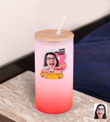 BK Gift Kadınlar Gününe Özel Karikatürlü Kırmızı Renk Pipetli Buzlu Cam Bardak 600ml - 2, 8 Mart Kadınlar Günü