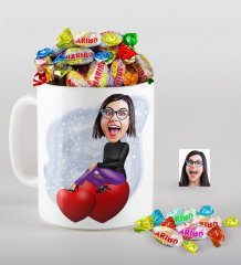Kişiye Özel Bayan Karikatürlü Kupa ve Haribo Fruitbons Şeker Hediye Seti-2