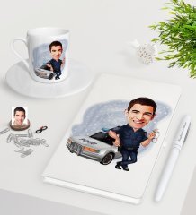 Kişiye Özel Erkek Trafik Polisi Karikatürlü Beyaz Defter Kalem Türk Kahvesi Fincanı Seti-1