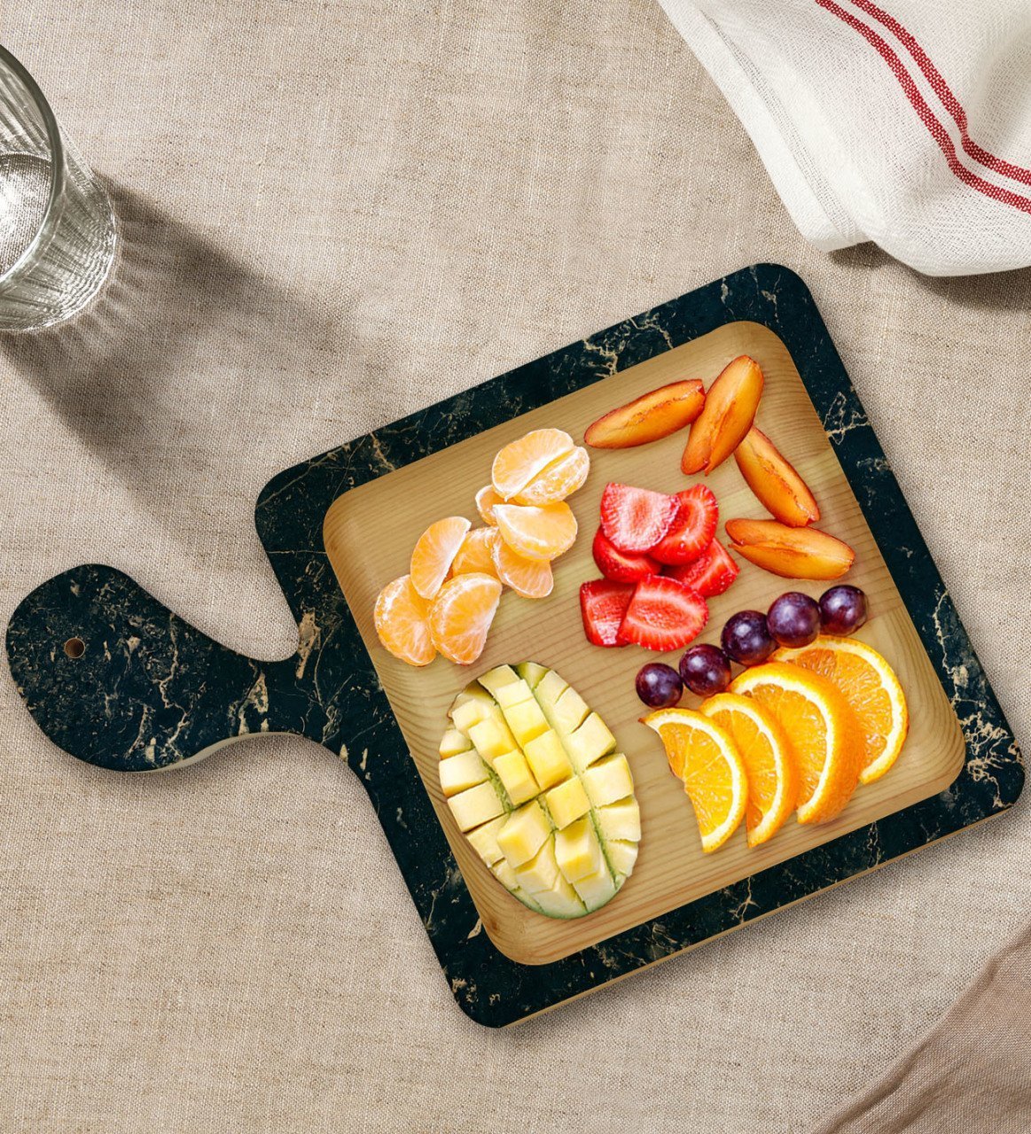 BK Gift Mermer Tasarımlı Kare Şeklinde Doğal Ahşap Servis ve Sunum Tabağı Model 12