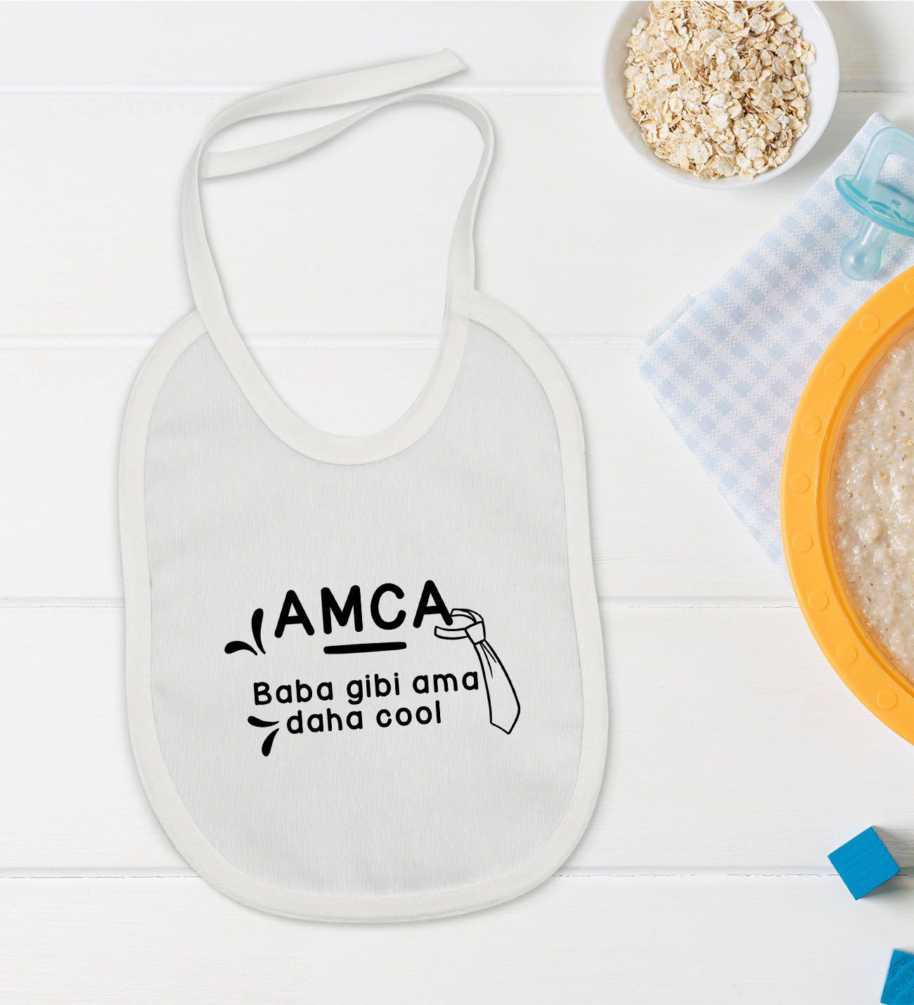 BK Kids Amca Baba Gibi Tasarımlı Beyaz Bebek Mama Önlüğü-1