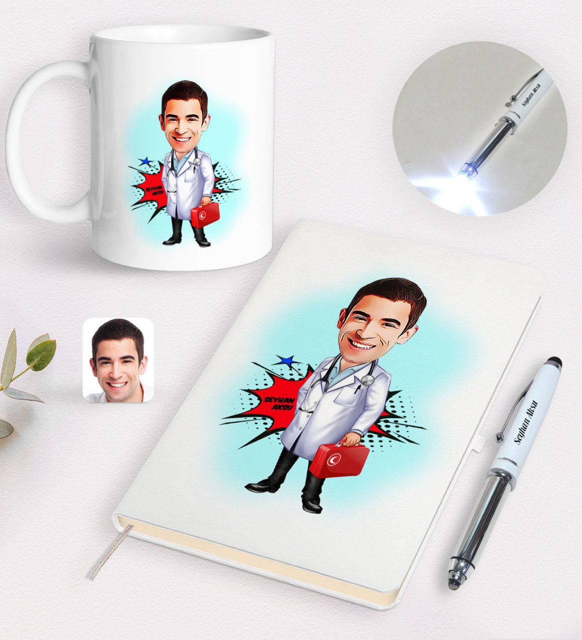 Kişiye Özel Erkek Acil Tıp Teknisyeni Karikatürlü Defter Kupa ve Dokunmatik Işıklı Kalem Seti-1