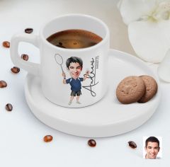 BK Gift Kişiye Özel Sunum Tabaklı Erkek Badminton Karikatürlü Kahve Fincanı-1, Sevgiliye Hediye, Aileye Hediye, Arkadaşa Hediye