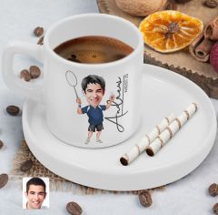 BK Gift Kişiye Özel Sunum Tabaklı Erkek Badminton Karikatürlü Kahve Fincanı-1, Sevgiliye Hediye, Aileye Hediye, Arkadaşa Hediye