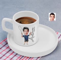 BK Gift Kişiye Özel Sunum Tabaklı Erkek Badminton Karikatürlü Kahve Fincanı-1, Sevgiliye Hediye, Aileye Hediye, Arkadaşa Hediye