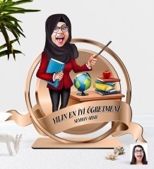 Kişiye Özel Yılın En İyi Kadın Öğretmeni Karikatürlü 3D Ahşap Biblo Plaket-3