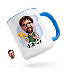 Kişiye Özel Erkek Ressam Karikatürlü Mavi Kupa Bardak-1