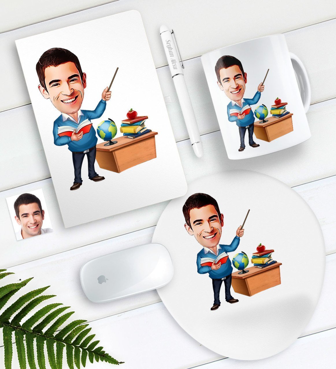 Kişiye Özel Bay Öğretmen Karikatürlü Defter Kalem Kupa Mouse Pad Seti-5