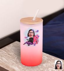 BK Gift Kadınlar Gününe Özel Karikatürlü Kırmızı Renk Pipetli Buzlu Cam Bardak 600ml - 1, 8 Mart Kadınlar Günü