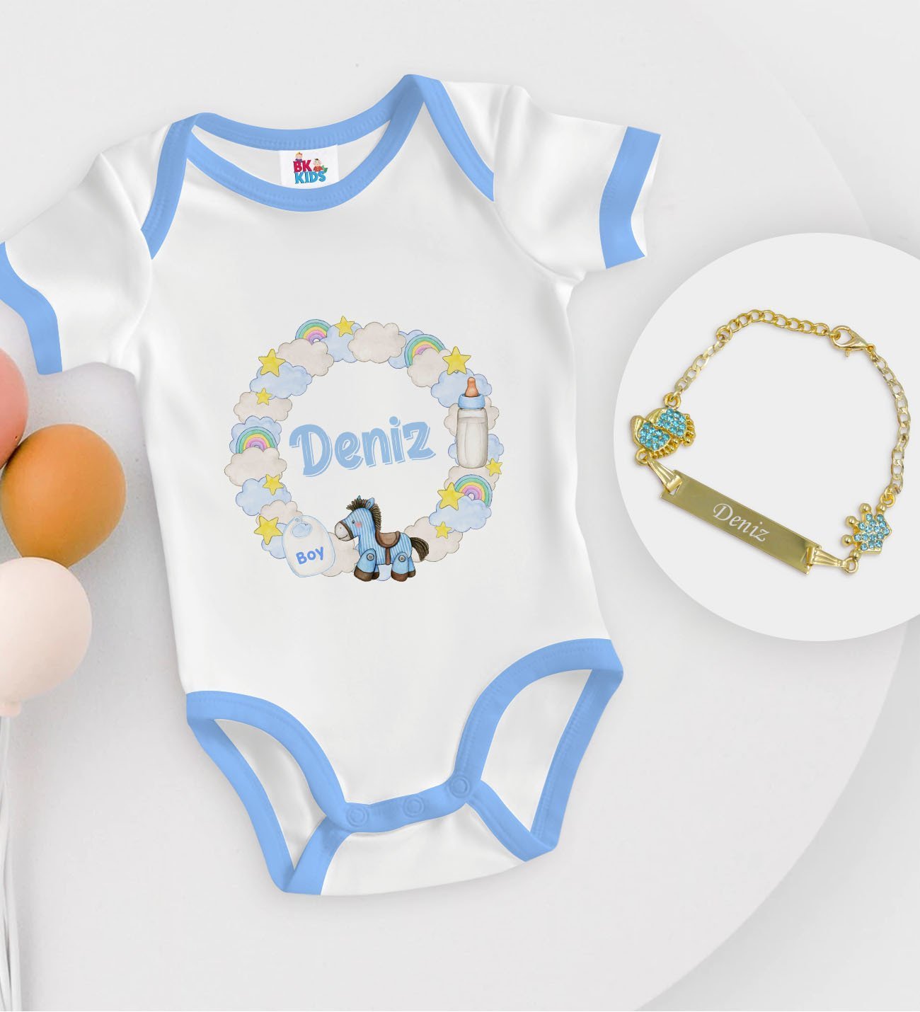 BK Kids Kişiye Özel İsimli Mavi Bebek Body Zıbın ve Erkek Bebek Künyesi Hediye Seti-25