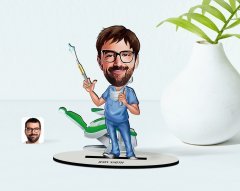 Kişiye Özel Erkek Diş Hekimi Karikatürlü Ahşap Biblo Model-4