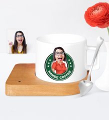 Kişiye Özel Kahve Logolu Karikatür Ahşap Altlıklı Seramik Fincan - 2