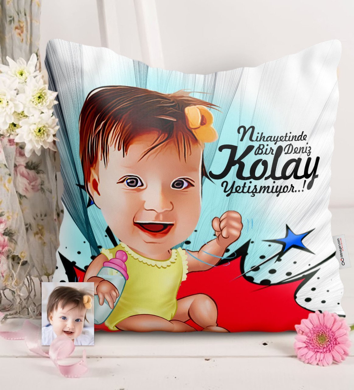 Kişiye Özel Kız Bebek Karikatürlü Saten Yastık - 1