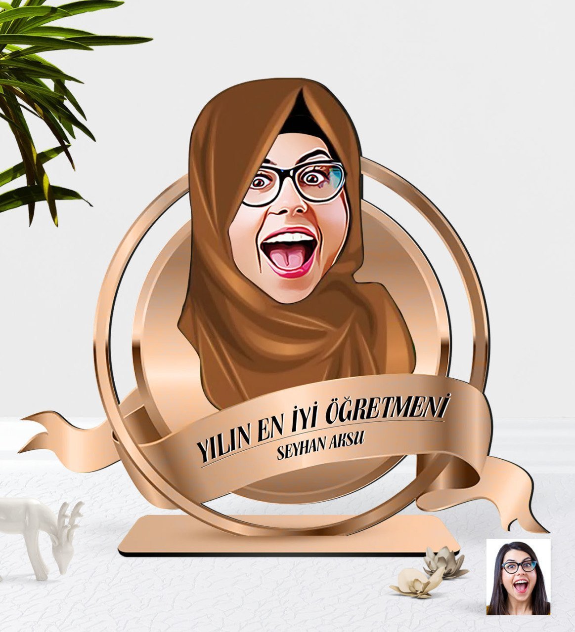 Kişiye Özel Yılın En İyi Kadın Öğretmeni Karikatürlü 3D Ahşap Biblo Plaket-2