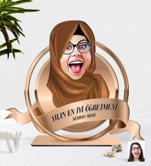 Kişiye Özel Yılın En İyi Kadın Öğretmeni Karikatürlü 3D Ahşap Biblo Plaket-2