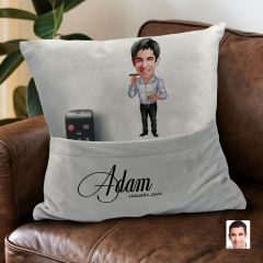 BK Gift Kişiye Özel Boss Baba Karikatür Tasarımlı Organizer Kumanda ve Atıştırmalık Cepli Gri Kırlent Yastık-1 Arkadaşa Hediye, Cepli Yastık