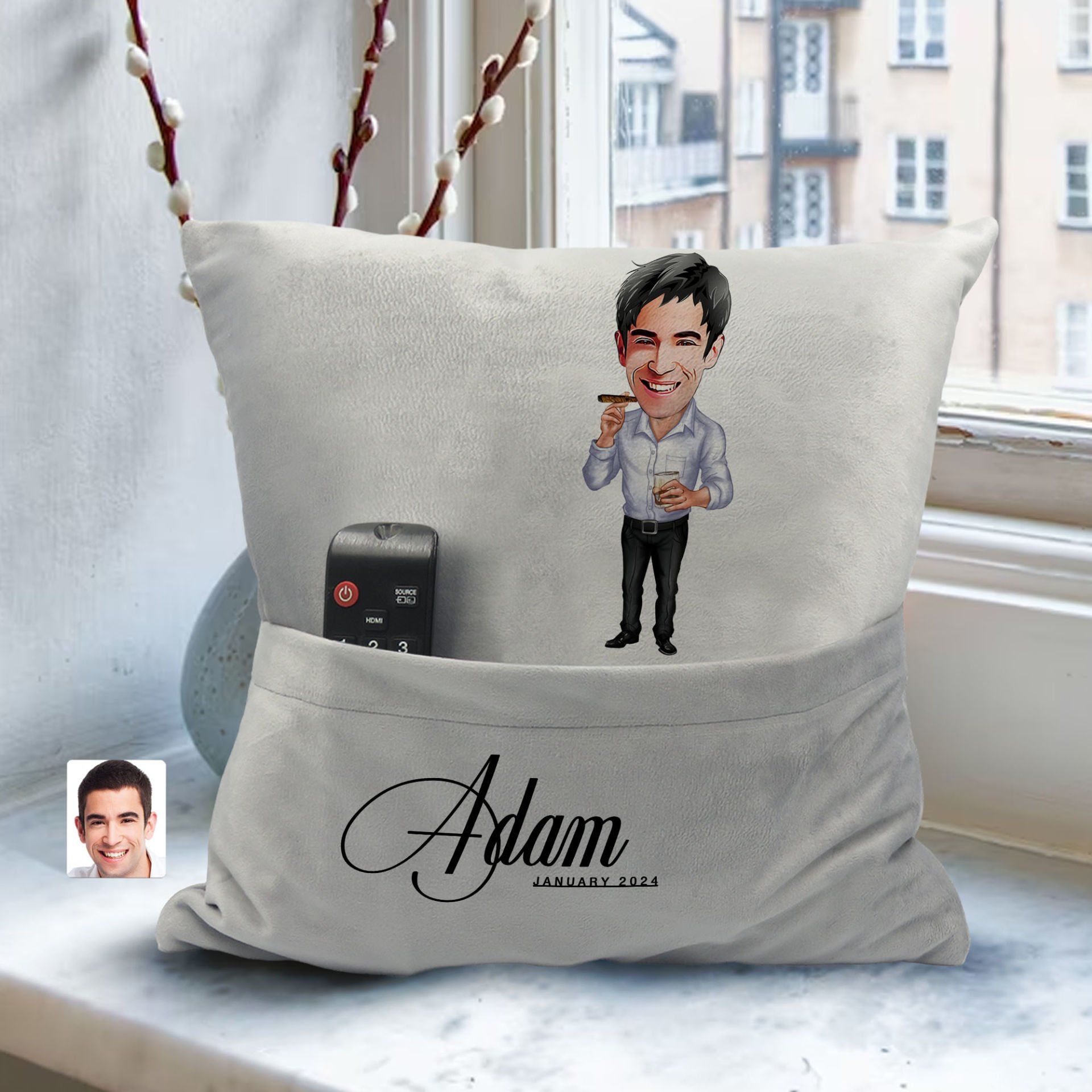 BK Gift Kişiye Özel Boss Baba Karikatür Tasarımlı Organizer Kumanda ve Atıştırmalık Cepli Gri Kırlent Yastık-1 Arkadaşa Hediye, Cepli Yastık