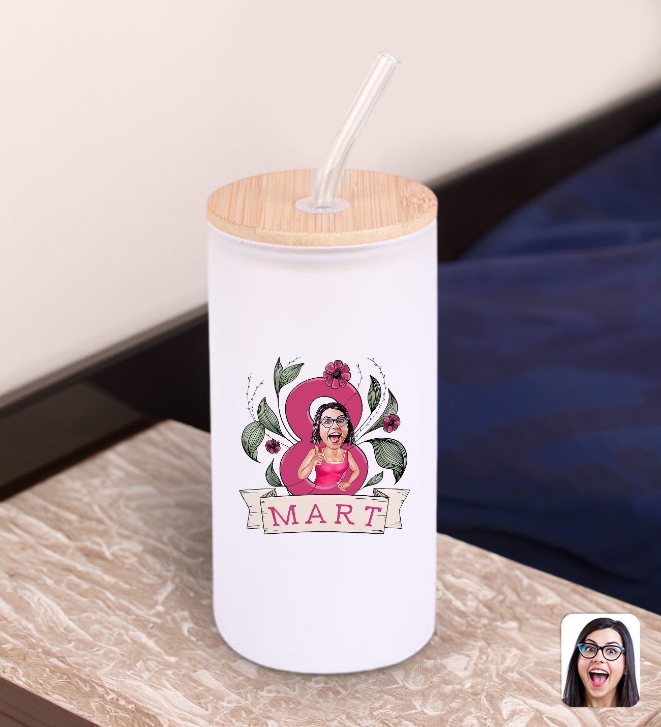 BK Gift Kadınlar Gününe Özel Karikatürlü Beyaz Renk Pipetli Buzlu Cam Bardak 600ml - 5, 8 Mart Kadınlar Günü