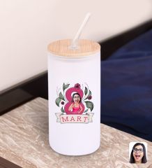 BK Gift Kadınlar Gününe Özel Karikatürlü Beyaz Renk Pipetli Buzlu Cam Bardak 600ml - 5, 8 Mart Kadınlar Günü
