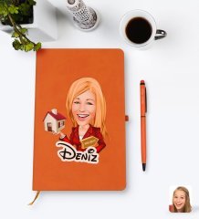 Kişiye Özel Kadın Emlakçı Karikatürlü Turuncu Termo Deri Defter Kalem Seti Model 2