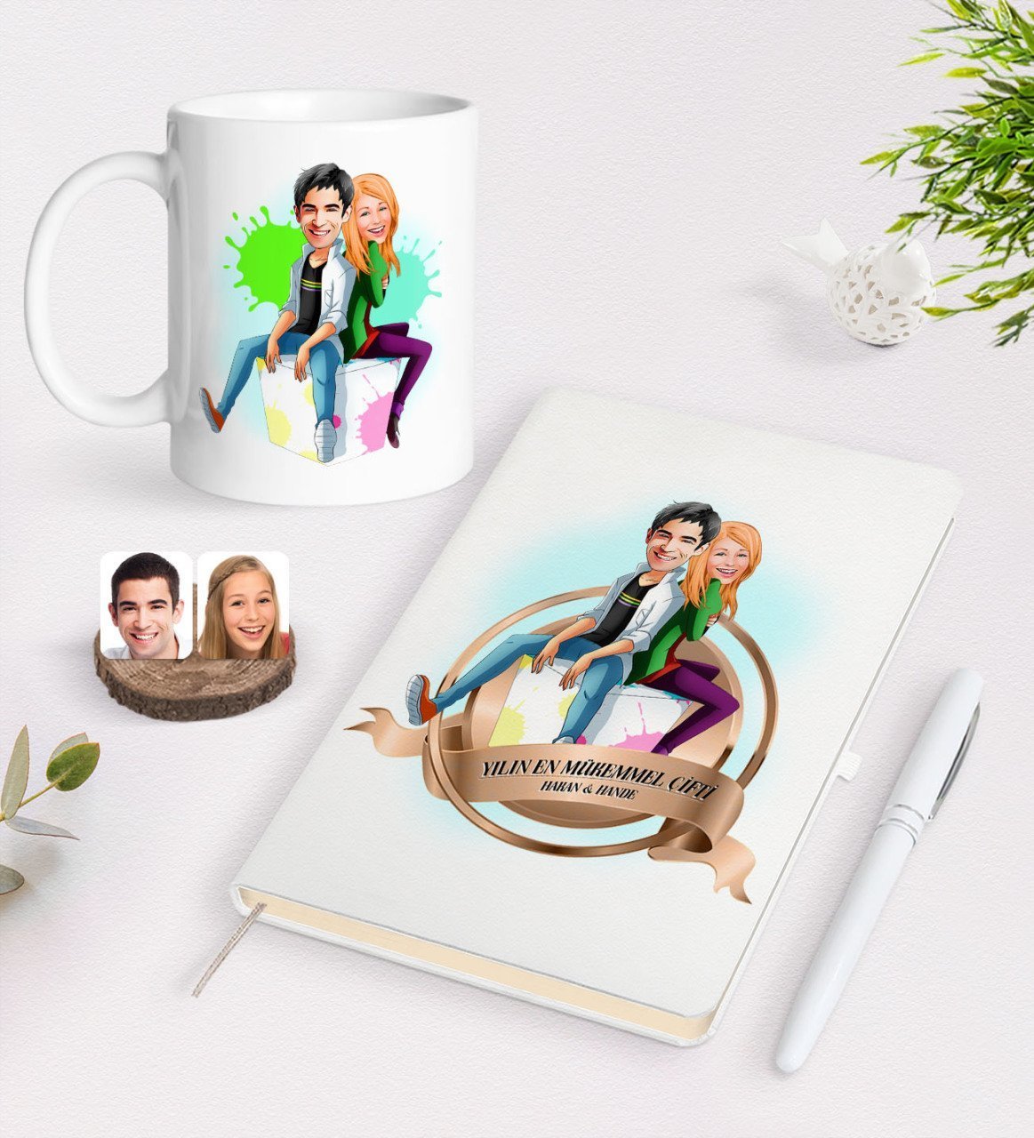 Kişiye Özel Yılın En Mükemmel Çifti Karikatürlü Beyaz Defter Kalem ve Kupa Seti-35
