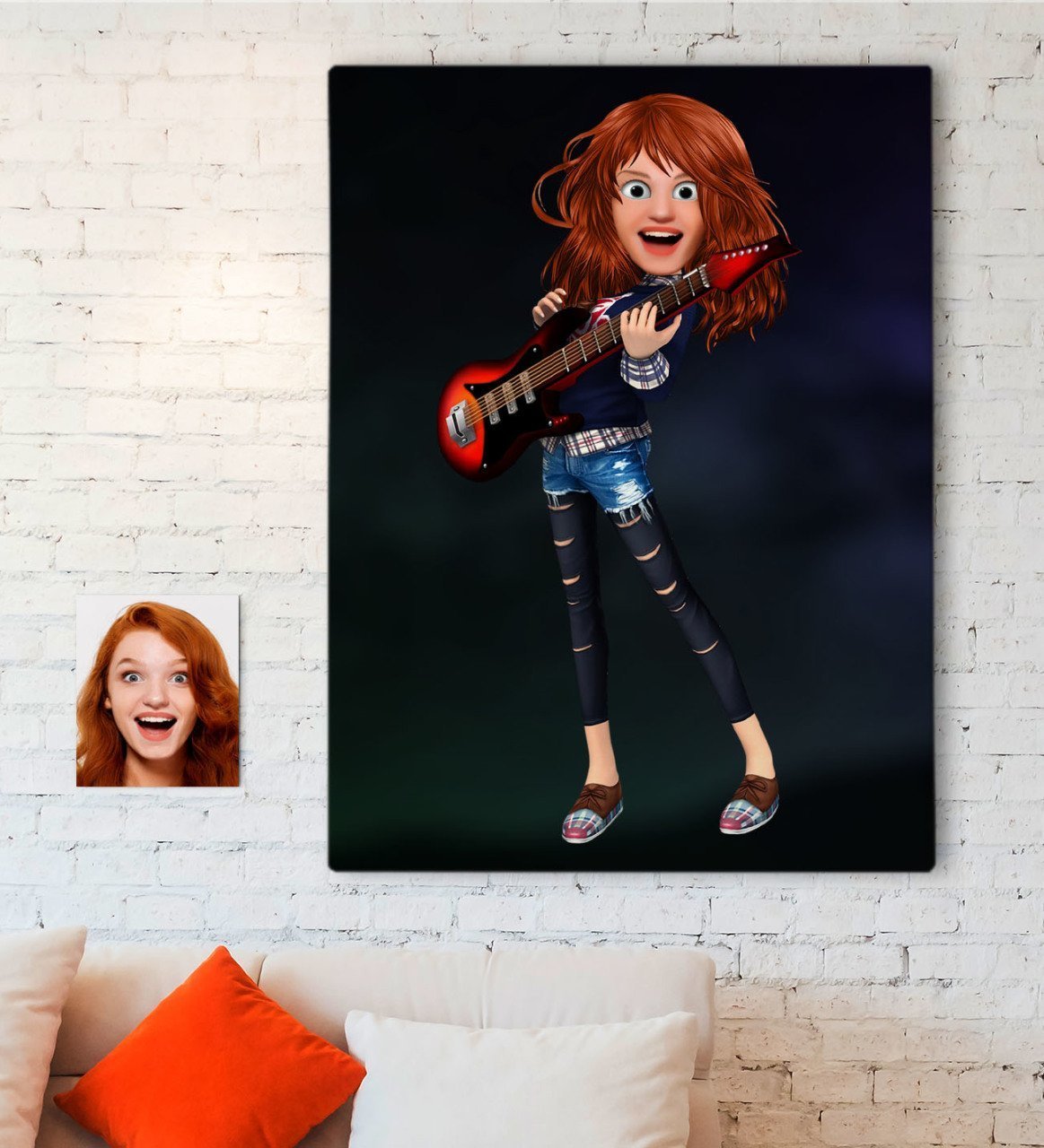 Kişiye Özel Kadın Gitarist Animasyon Karikatürlü Kanvas Tablo 70x100cm -12