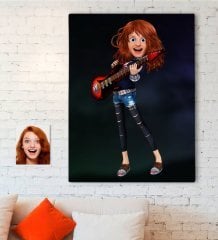 Kişiye Özel Kadın Gitarist Animasyon Karikatürlü Kanvas Tablo 70x100cm -12