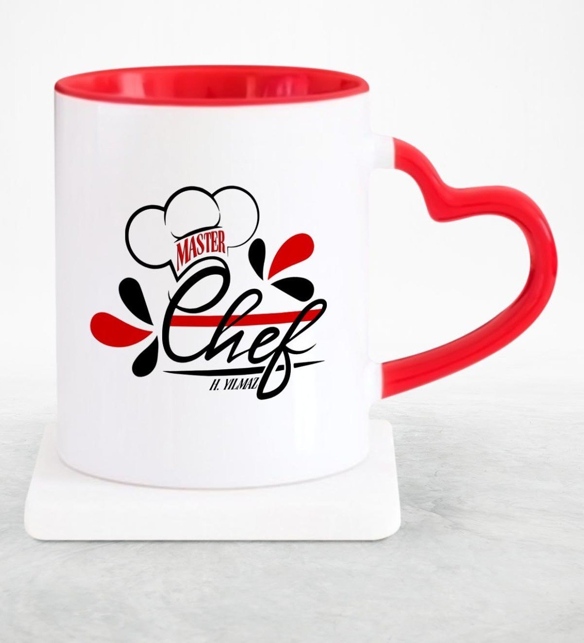 Kişiye Özel Master Chef Kırmızı Kalpli Kupa Bardak - 5