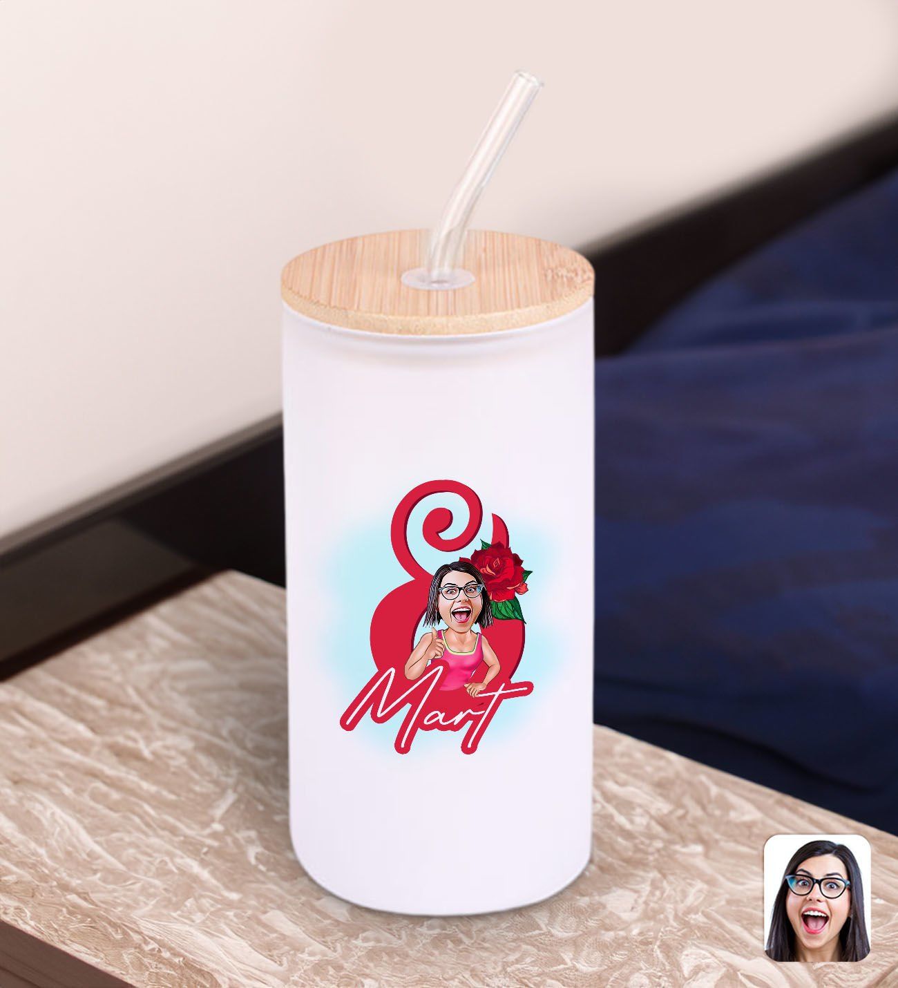 BK Gift Kadınlar Gününe Özel Karikatürlü Beyaz Renk Pipetli Buzlu Cam Bardak 600ml - 4, 8 Mart Kadınlar Günü