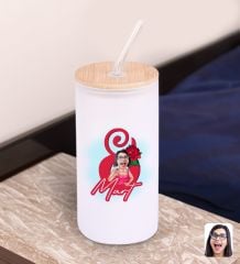 BK Gift Kadınlar Gününe Özel Karikatürlü Beyaz Renk Pipetli Buzlu Cam Bardak 600ml - 4, 8 Mart Kadınlar Günü