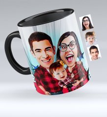 Kişiye Özel Aile Karikatürlü Siyah Kupa Bardak - 2