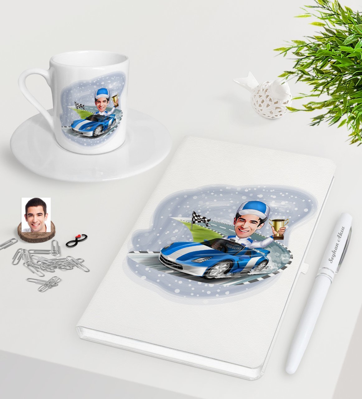 Kişiye Özel Erkek Rallici Karikatürlü Beyaz Defter Kalem Türk Kahvesi Fincanı Seti-1