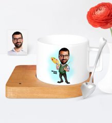 Kişiye Özel Ressam Karikatür Ahşap Altlıklı Seramik Fincan - 1