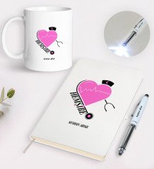 Kişiye Özel Hemşire Tasarımlı Defter Kupa ve  Dokunmatik Işıklı Kalem Seti-6