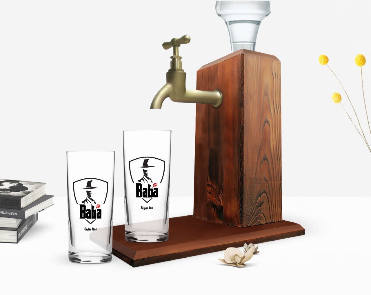 Kişiye Özel Renkli Baskılı Godfather Baba Tasarımlı İkili Rakı Bardağı ve Ahşap Rakı Standı Hediye Seti-15