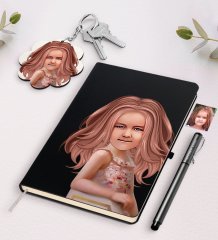 Kişiye Özel Kız Çocuk İllüstrasyon Tasarımlı Siyah Defter Kalem Ve Anahtarlık Hediye Seti-3