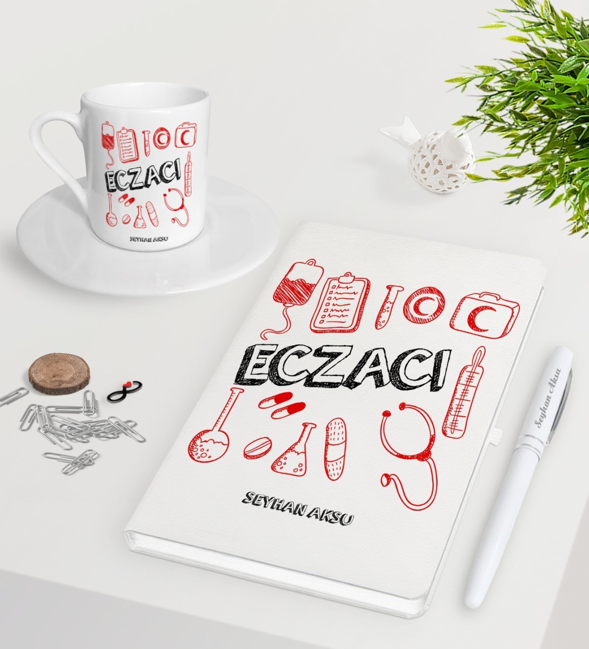 Kişiye Özel Eczacı Beyaz Defter Kalem Türk Kahvesi Fincanı Seti-2