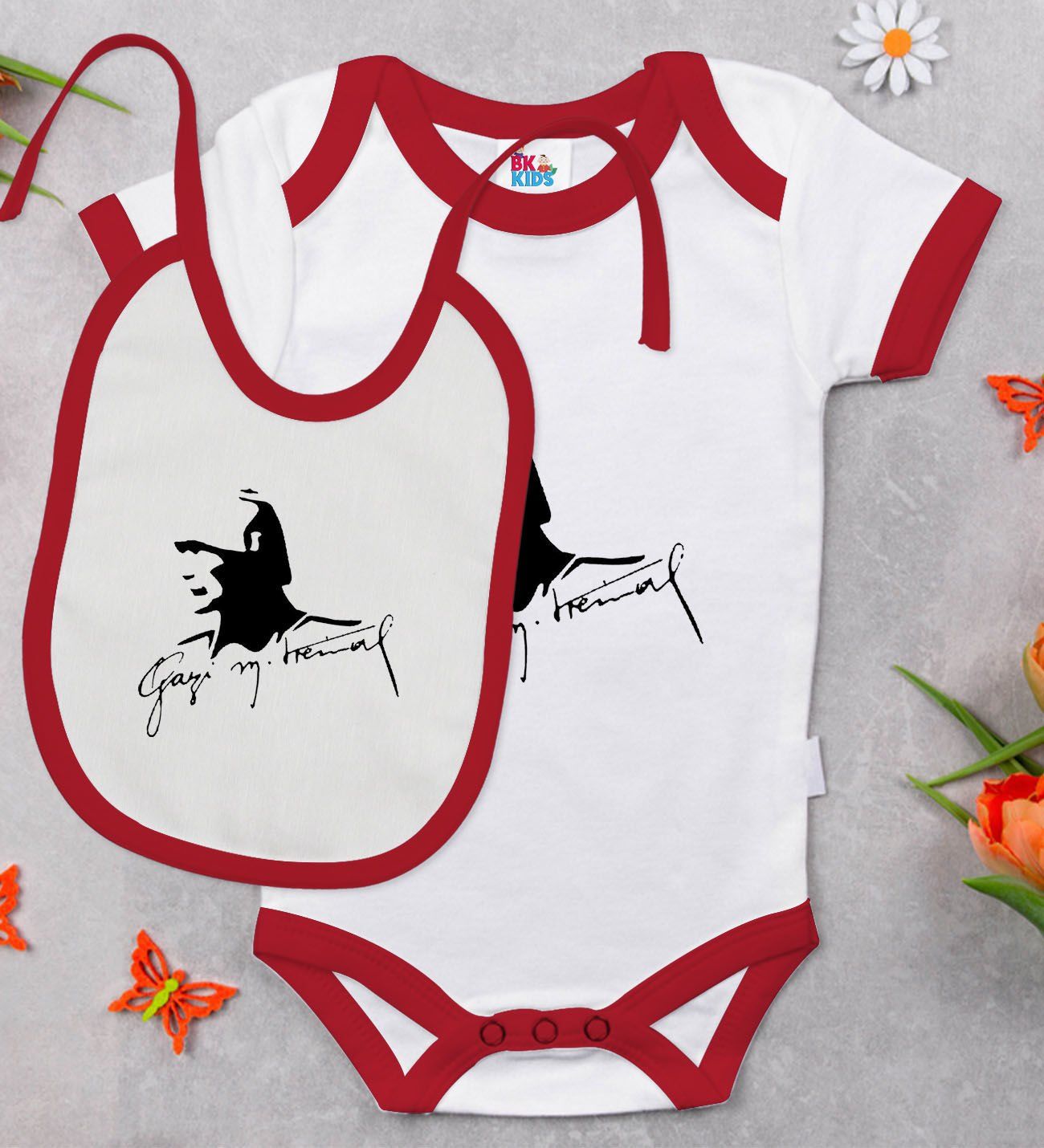 BK Kids Atatürk Temalı Kırmızı Bebek Body Zıbın ve Mama Önlüğü Hediye Seti-27