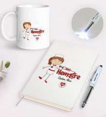 Kişiye Özel Hemşire Tasarımlı Defter Kupa ve Dokunmatik Işıklı Kalem Seti-5