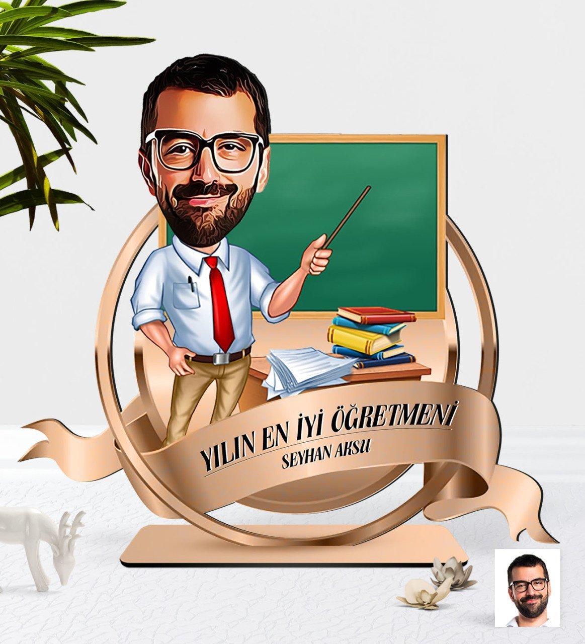 Kişiye Özel Yılın En İyi Erkek Öğretmeni Karikatürlü 3D Ahşap Biblo Plaket-8