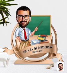 Kişiye Özel Yılın En İyi Erkek Öğretmeni Karikatürlü 3D Ahşap Biblo Plaket-8