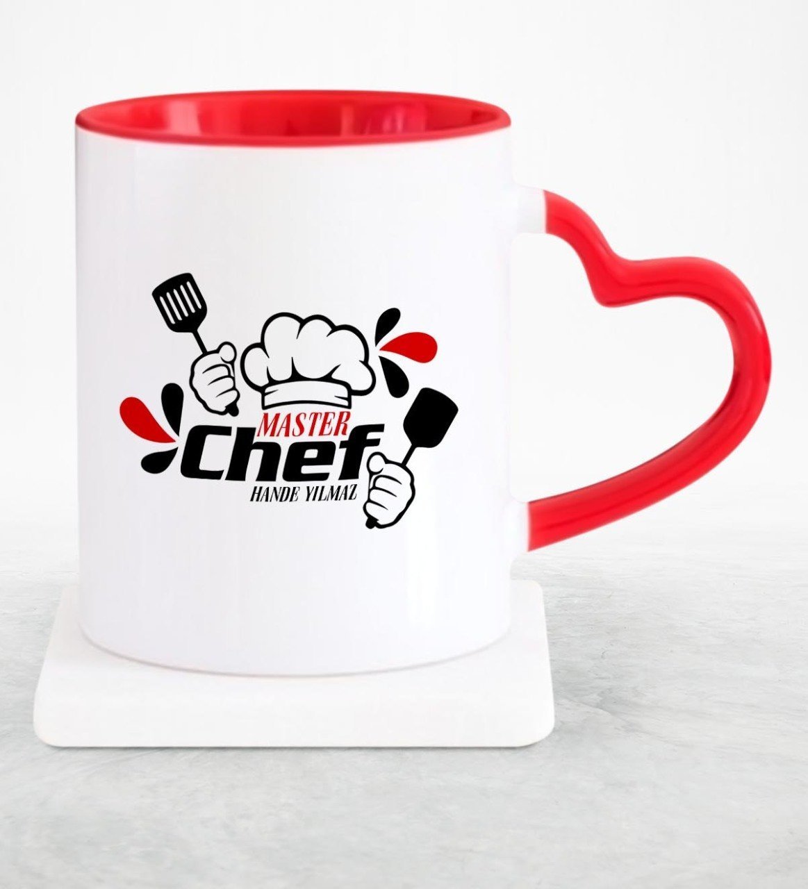 Kişiye Özel Master Chef Kırmızı Kalpli Kupa Bardak - 3