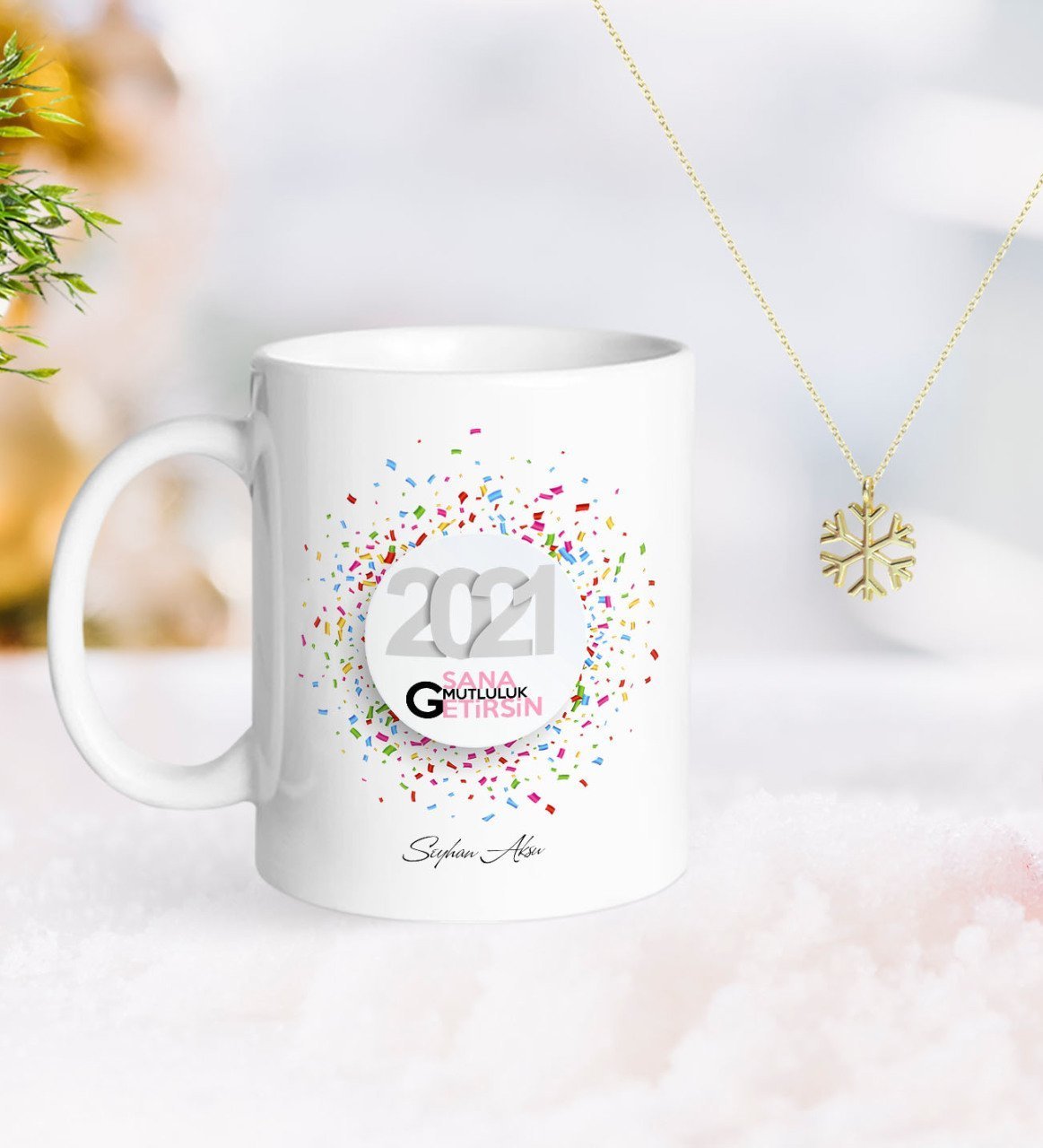 BK Gift Kişiye Özel 2023 Sana Mutluluk Getirsin Kupa ve Kar Tanesi Kolye-1
