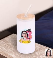 BK Gift Kadınlar Gününe Özel Karikatürlü Beyaz Renk Pipetli Buzlu Cam Bardak 600ml - 2, 8 Mart Kadınlar Günü