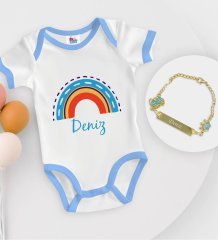 BK Kids Kişiye Özel İsimli Mavi Bebek Body Zıbın ve Erkek Bebek Künyesi Hediye Seti-2