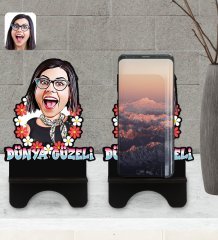 Kişiye Özel Dünya Güzeli Karikatürlü Ahşap Biblo Telefon Standı-1