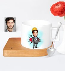 Kişiye Özel Mühendis Karikatür Ahşap Altlıklı Seramik Fincan - 1