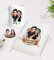Kişiye Özel Yılın En Mükemmel Çifti Karikatürlü Beyaz Defter Kalem ve Kupa Seti-18